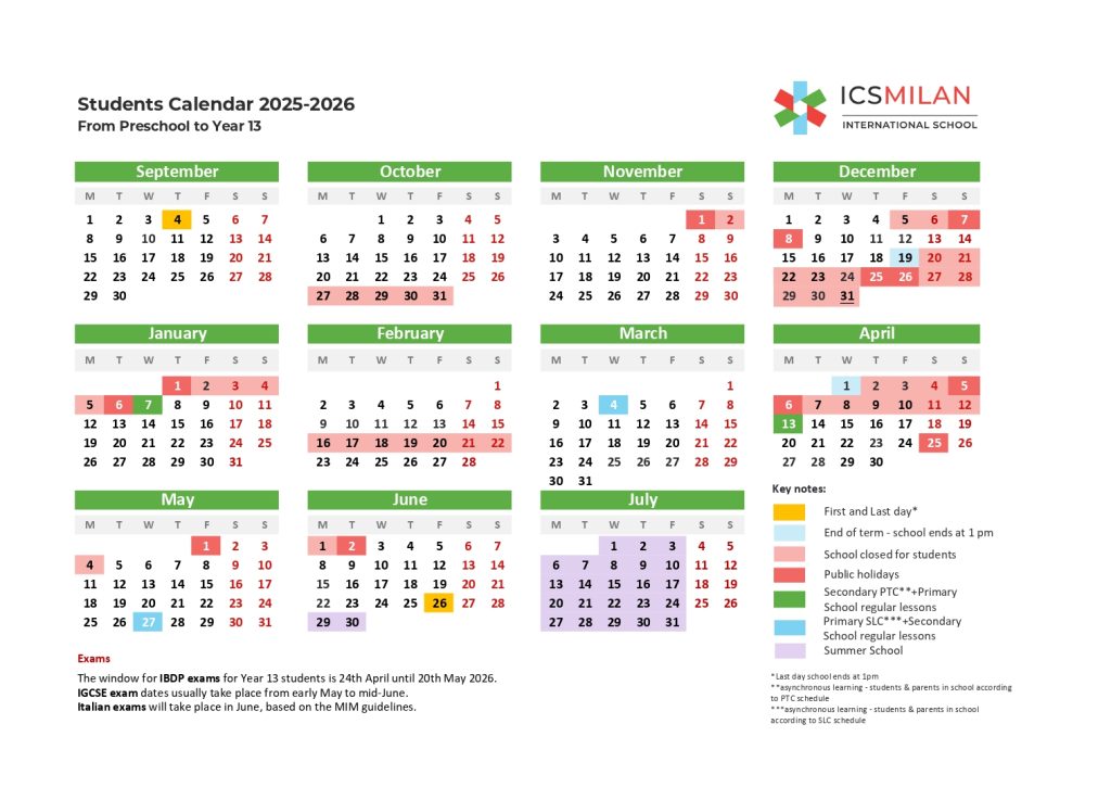 ICS Milan International School Calendar