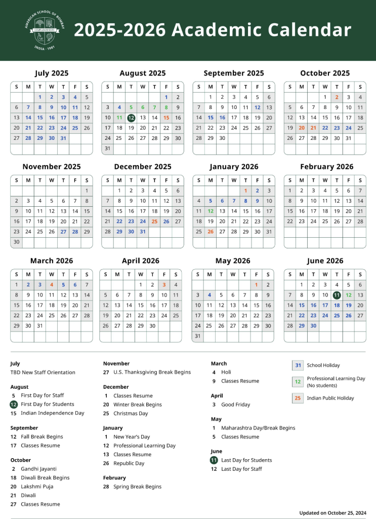 Castelli International School Calendar 2025