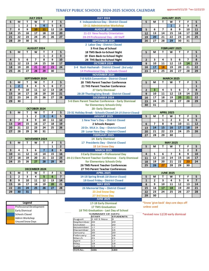 Tenafly Public Schools Calendar 2024