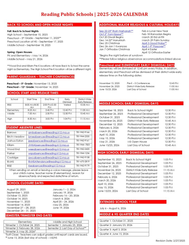 Reading Public Schools Calendar 2025 2026 High Schools