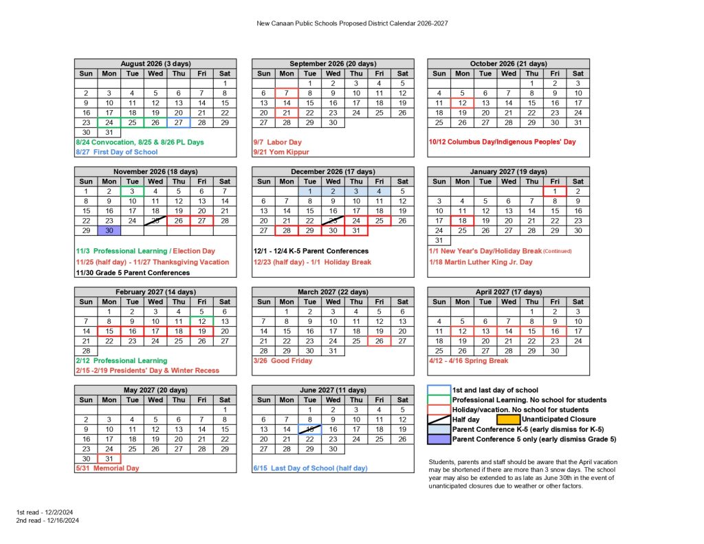 New Canaan Public Schools Calendar 2026