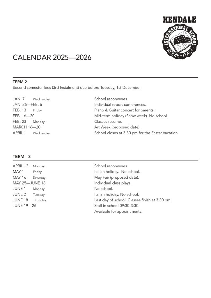 Kendale International School Calendar 2025-2026