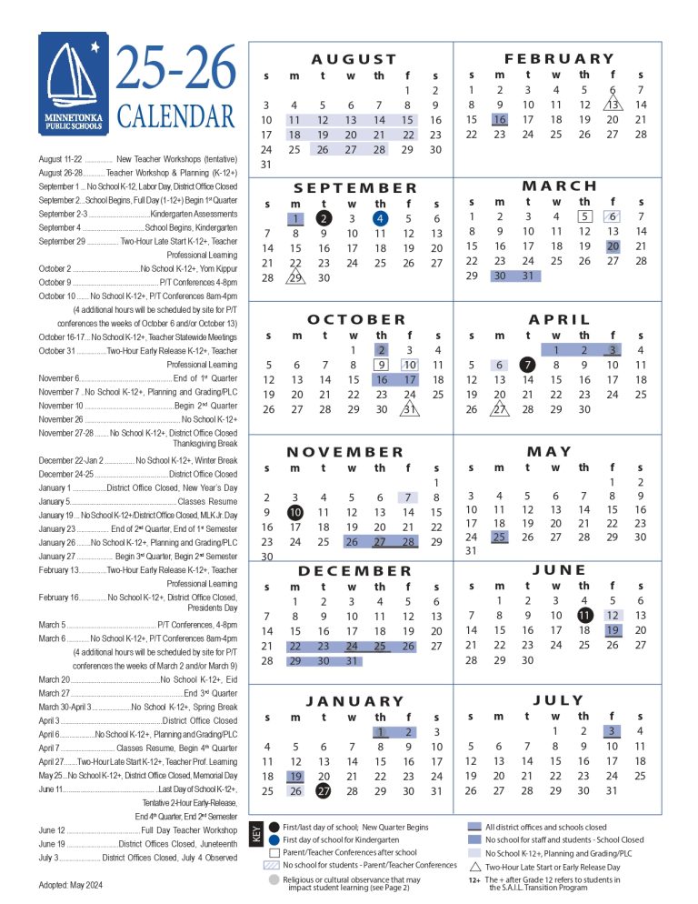 Minnetonka Public Schools Calendar District 2025 2026