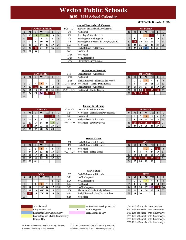 Weston Elementary Schools Calendar 2025