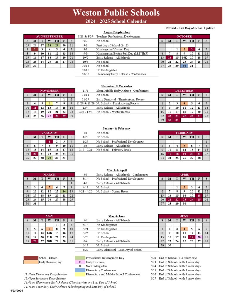 Weston Public Schools Calendar 2025