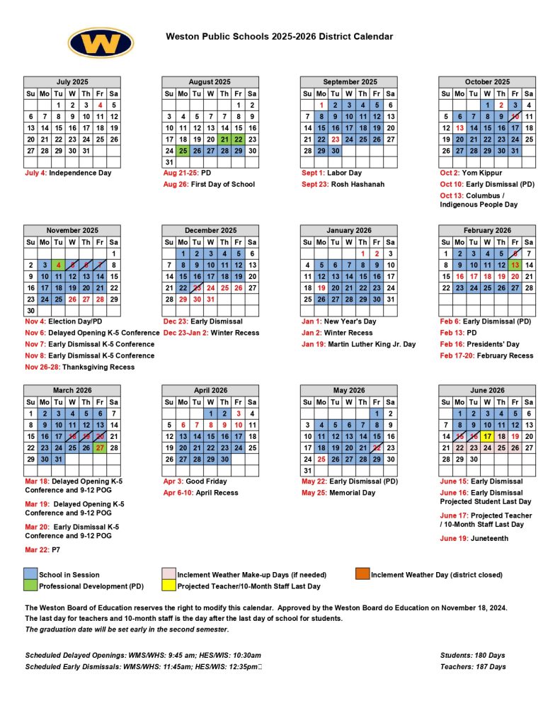 Weston Public Schools Calendar 2025