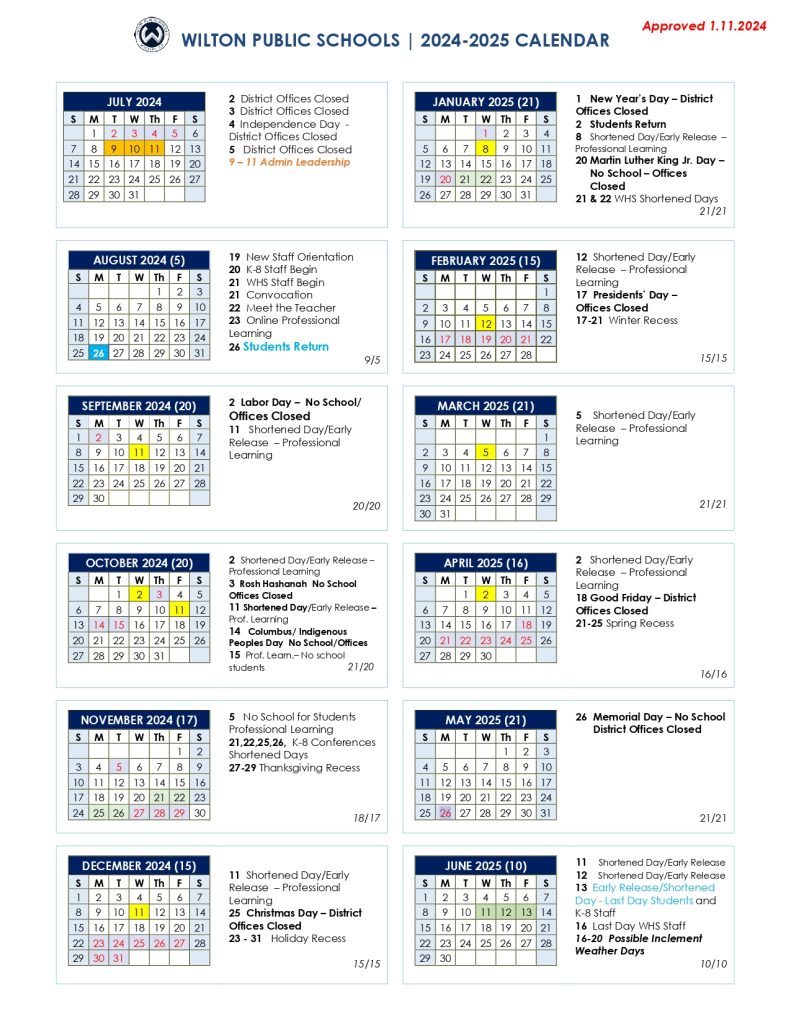 Wilton Public Schools Calendar 2024