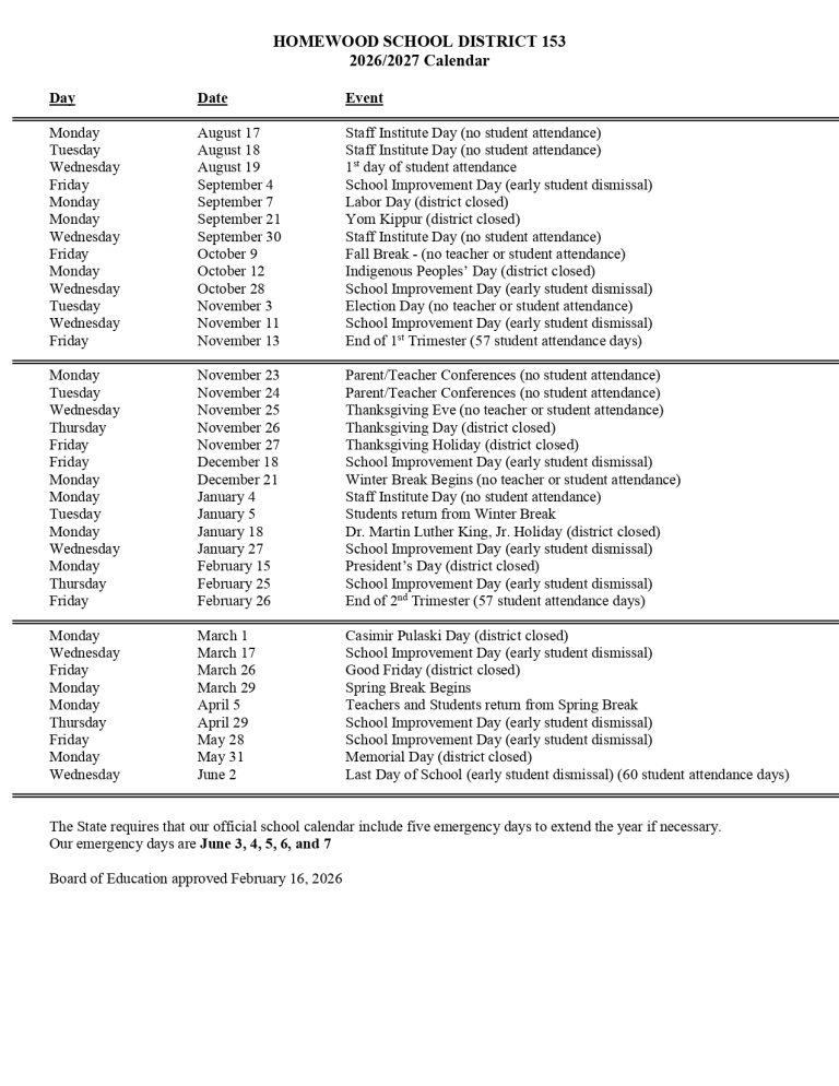 Homewood City Schools Calendar 2026-2027 [District Year]