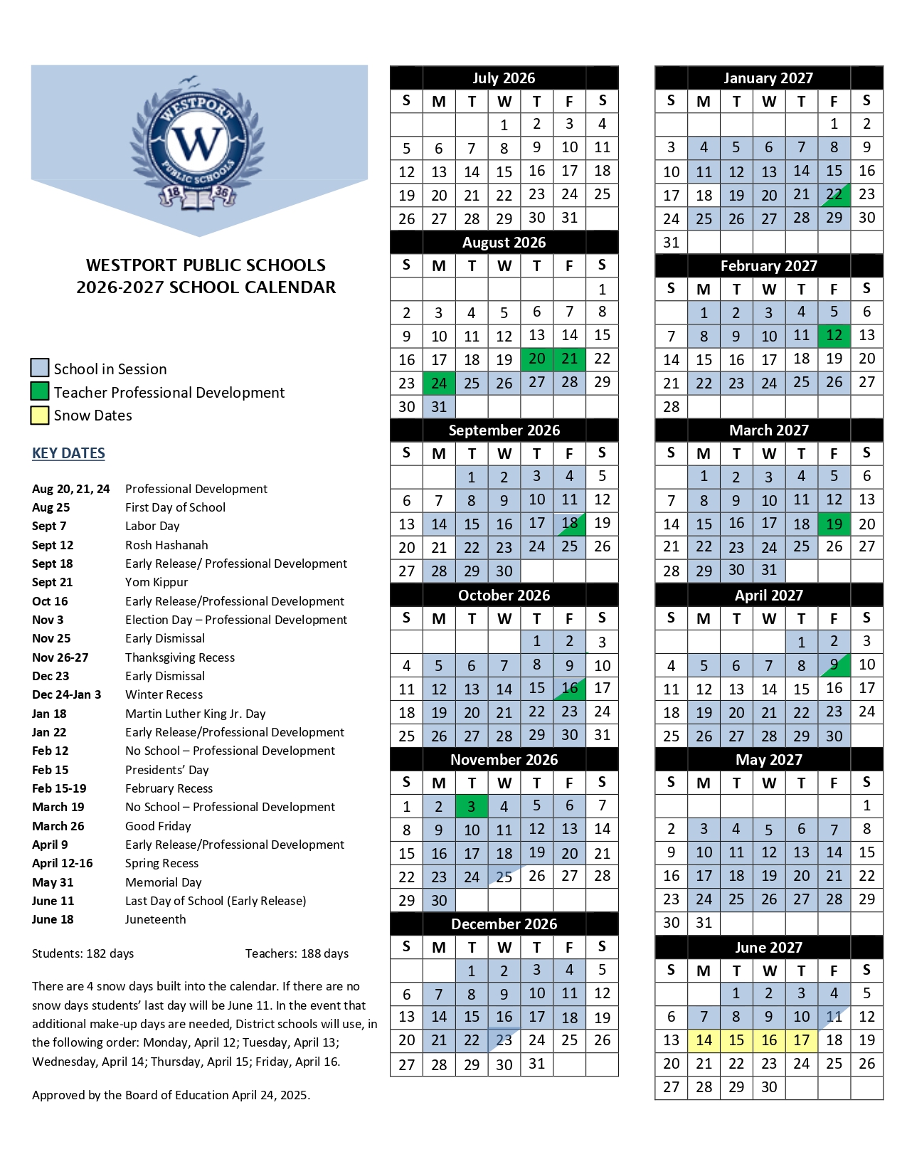 Westport Public Schools Calendar 2026