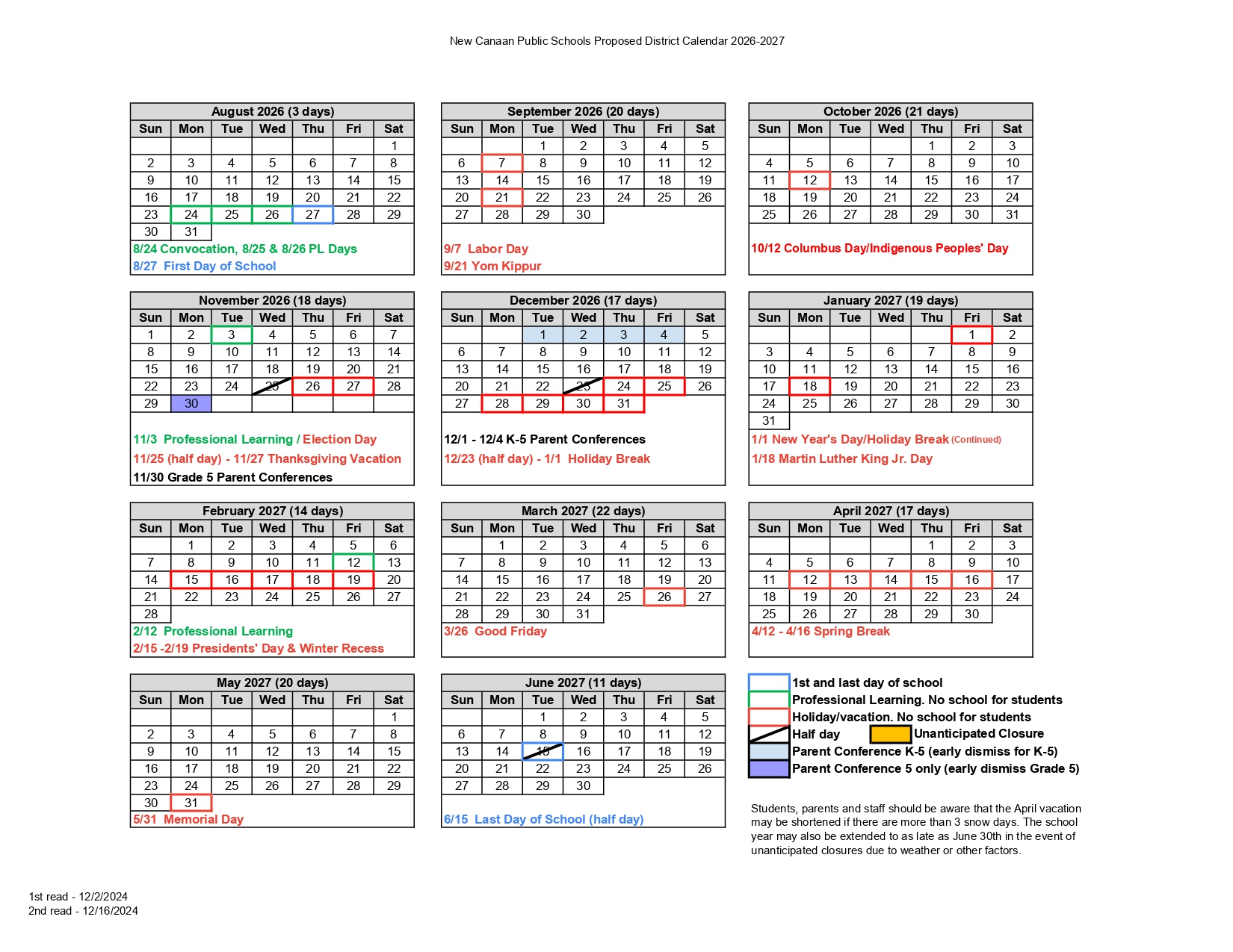 New Canaan Public Schools Calendar 2026