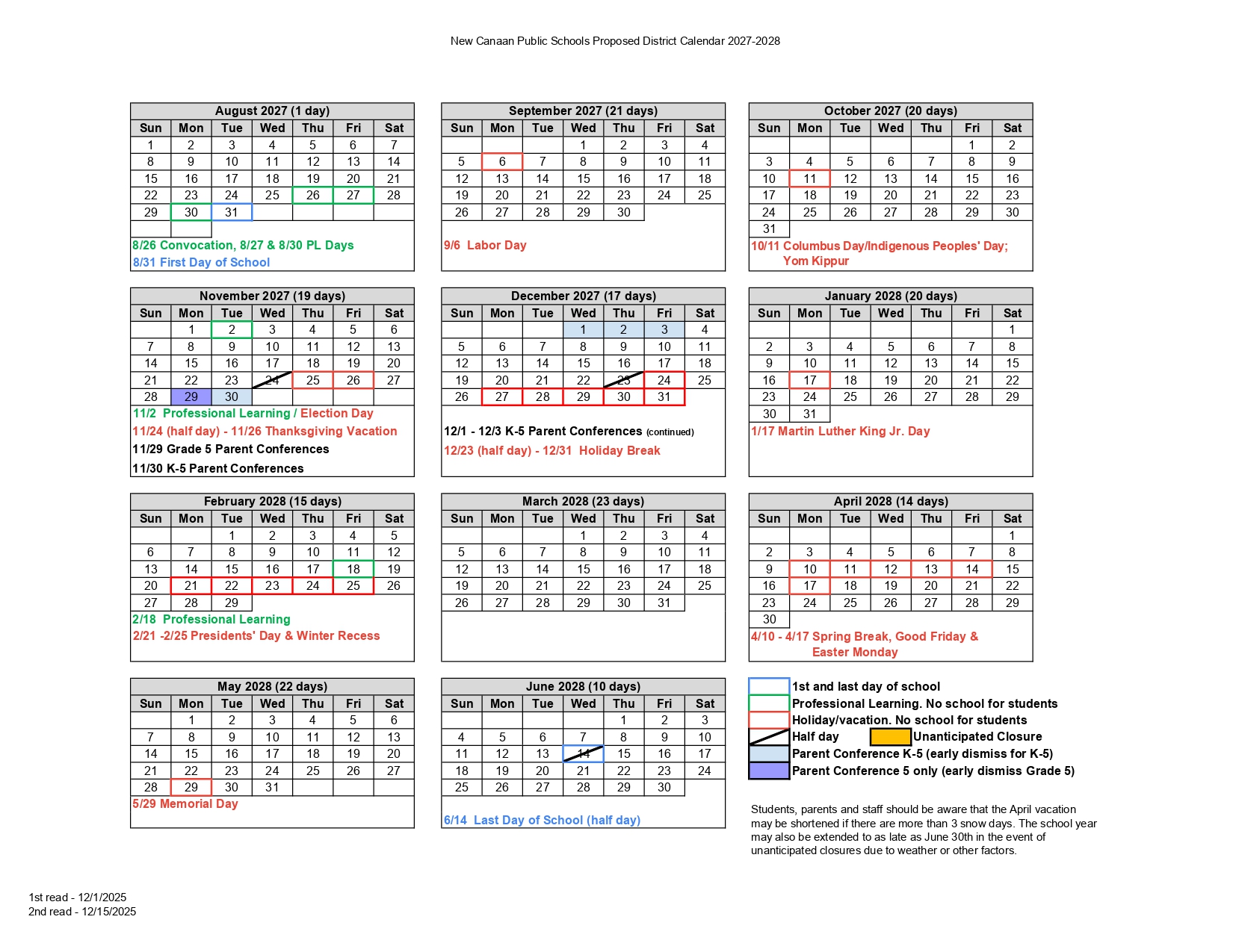 New Canaan Public Schools Calendar 2027