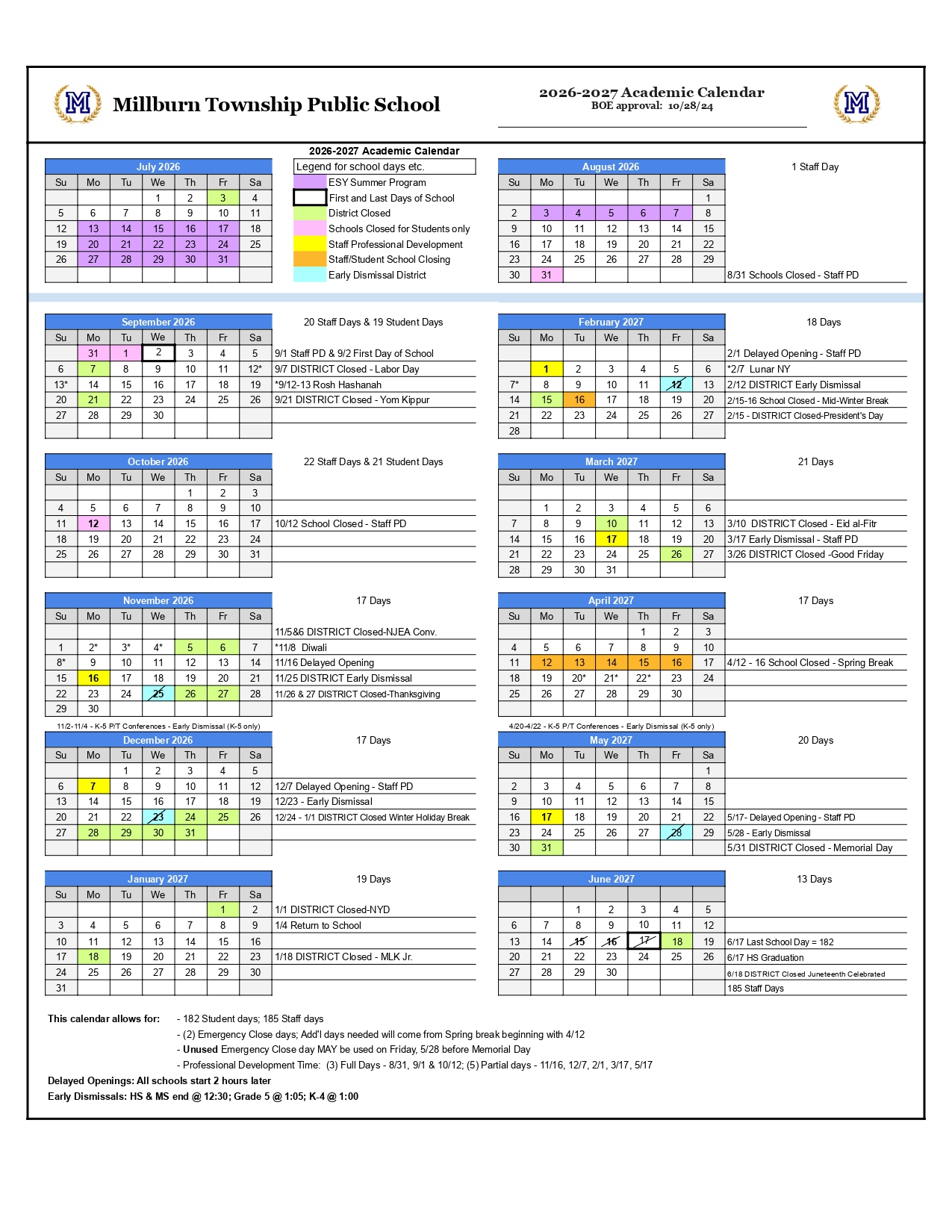 Millburn Township Public Schools Calendar 2026