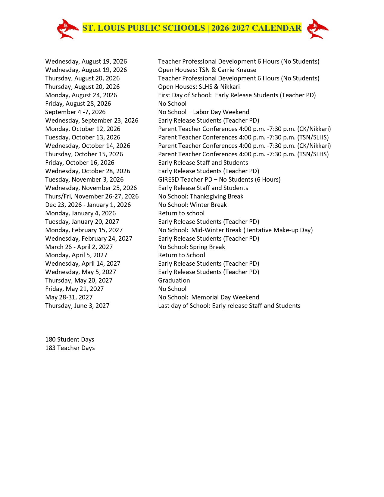 St. Louis Public Schools Calendar 2026