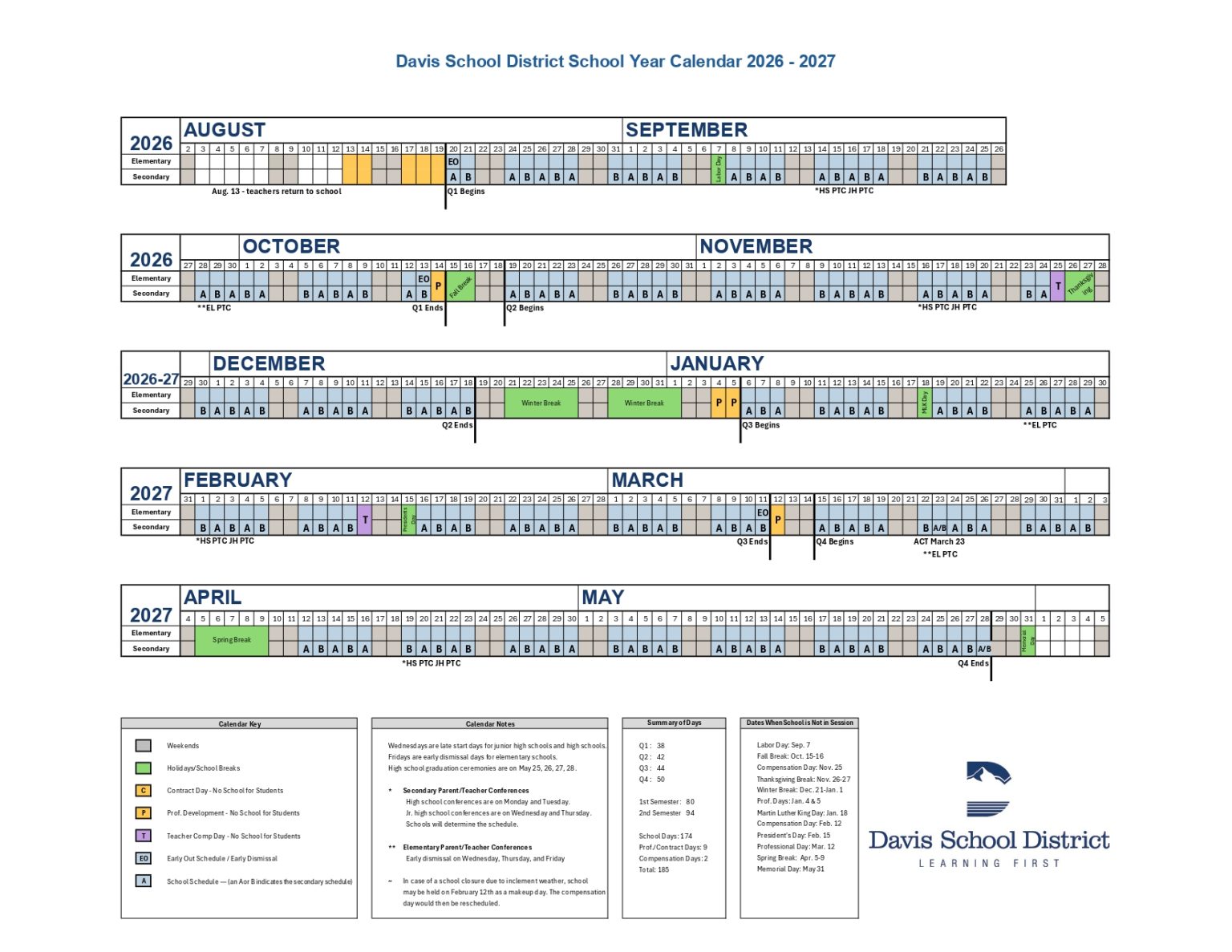 Davis School District Calendar 2026-2027 [Yearly Calendar]