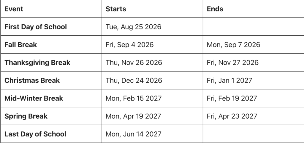 Revere Public Schools Major Holiday Breaks
