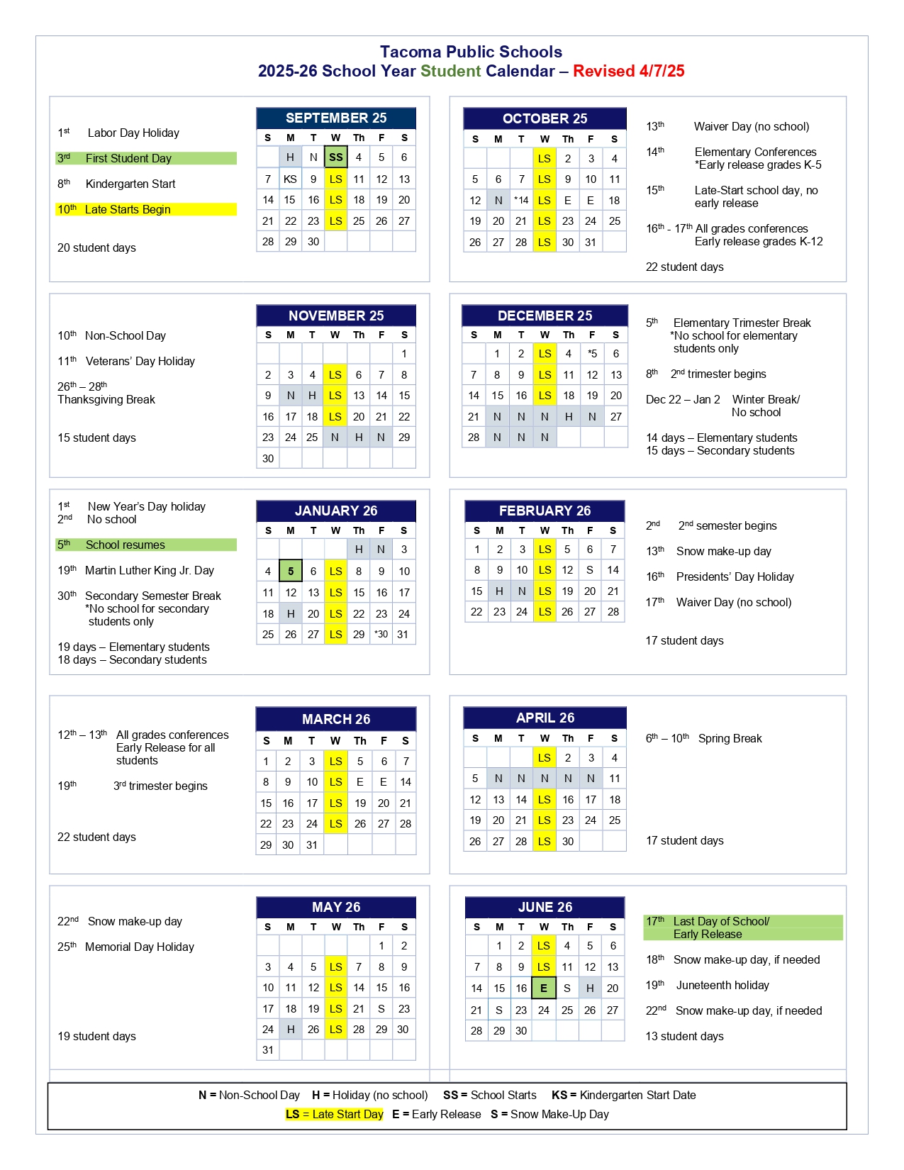 Tacoma Public Schools Major Holiday Breaks 2026
